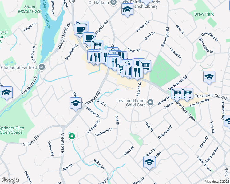 map of restaurants, bars, coffee shops, grocery stores, and more near 7 Stillson Place in Fairfield