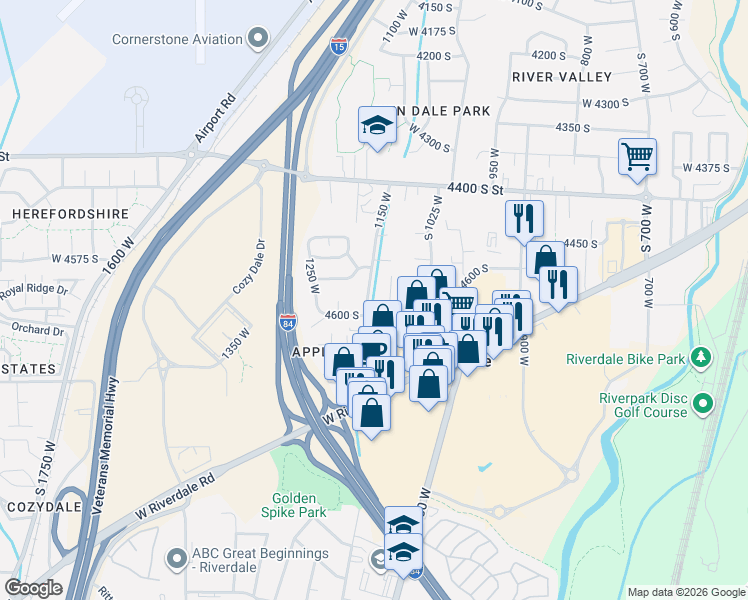 map of restaurants, bars, coffee shops, grocery stores, and more near 1128 West 4650 South Street in Riverdale