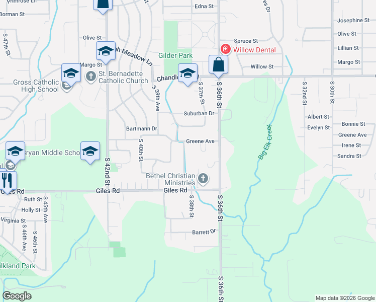 map of restaurants, bars, coffee shops, grocery stores, and more near 3801 Greene Avenue in Omaha