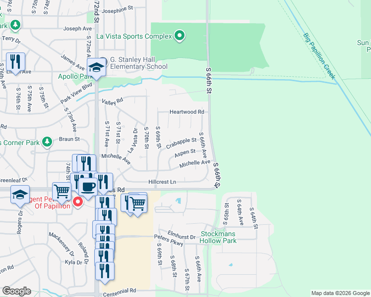 map of restaurants, bars, coffee shops, grocery stores, and more near 6818 Crabapple Street in La Vista