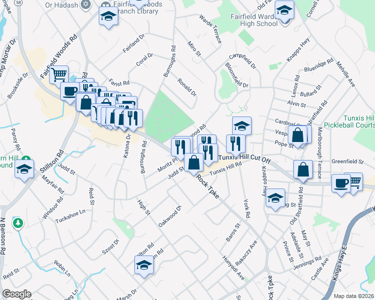 map of restaurants, bars, coffee shops, grocery stores, and more near 117 Candlewood Road in Fairfield