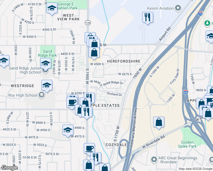 map of restaurants, bars, coffee shops, grocery stores, and more near 4602 Hathaway Drive in Roy