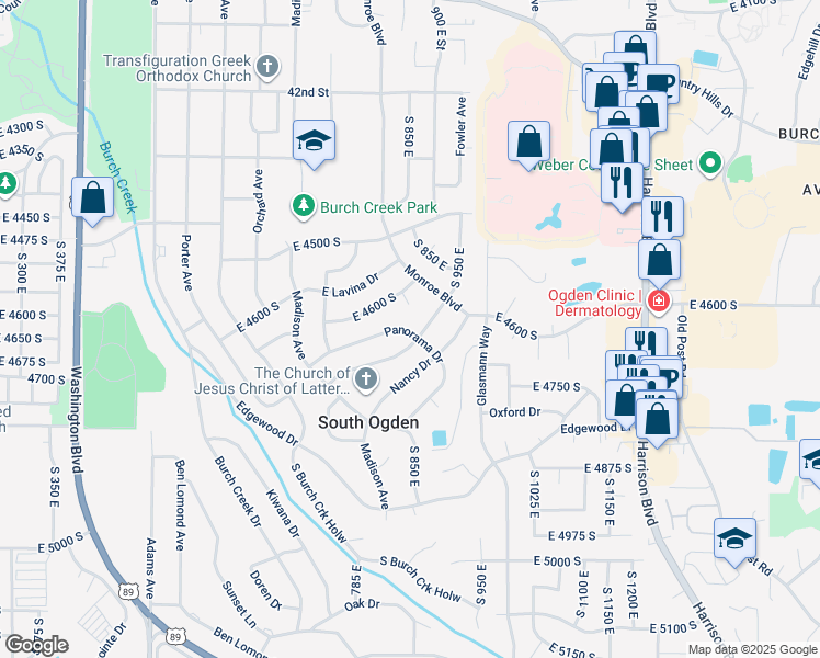 map of restaurants, bars, coffee shops, grocery stores, and more near 4627 Dixie Circle in Ogden