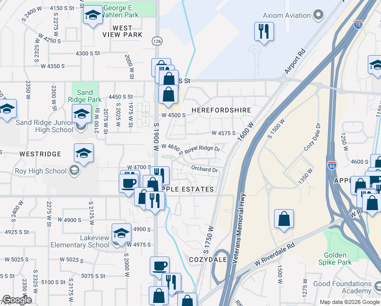 map of restaurants, bars, coffee shops, grocery stores, and more near 1746 Grove Hideaway Street in Roy