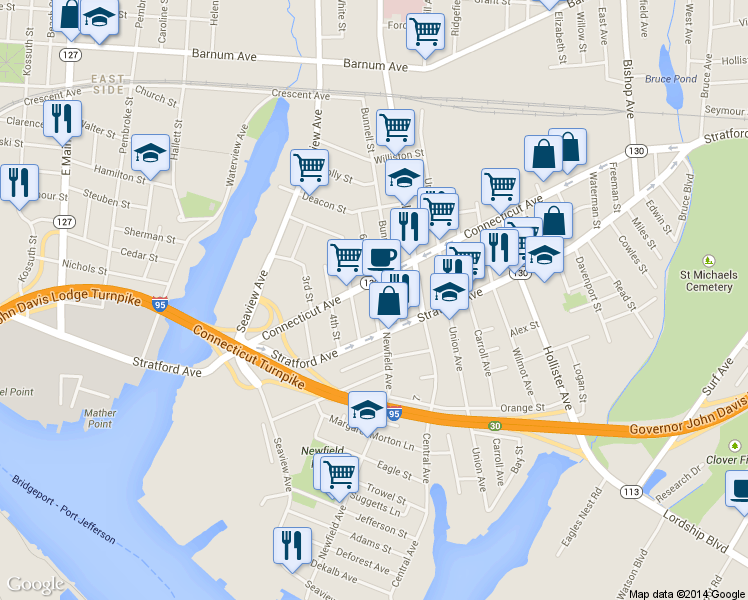 map of restaurants, bars, coffee shops, grocery stores, and more near 469 Connecticut Avenue in Bridgeport