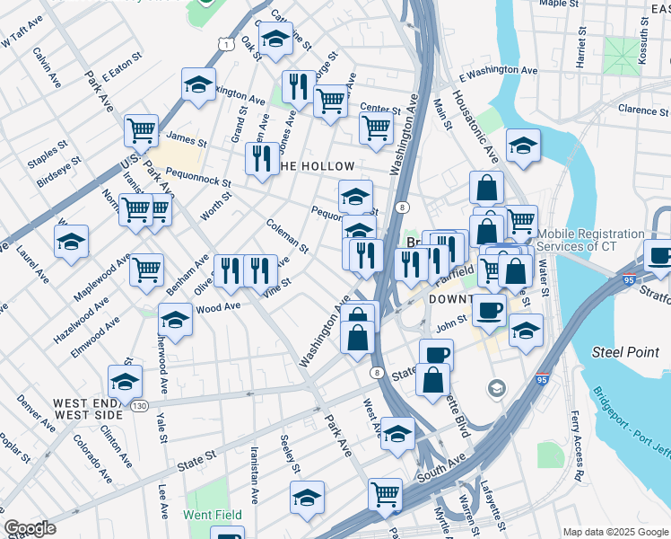 map of restaurants, bars, coffee shops, grocery stores, and more near 62 Coleman Street in Bridgeport
