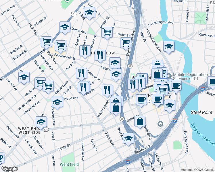 map of restaurants, bars, coffee shops, grocery stores, and more near 62 Coleman Street in Bridgeport