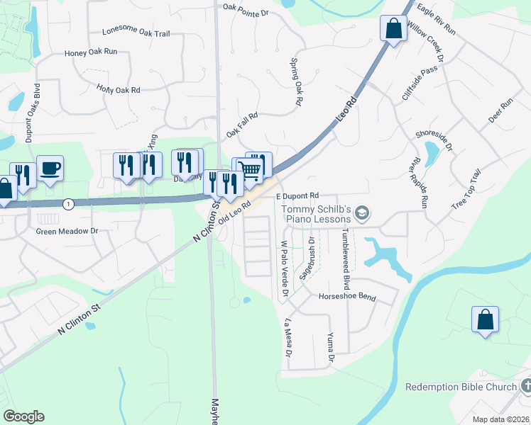 map of restaurants, bars, coffee shops, grocery stores, and more near 5717 West Dupont Road in Fort Wayne