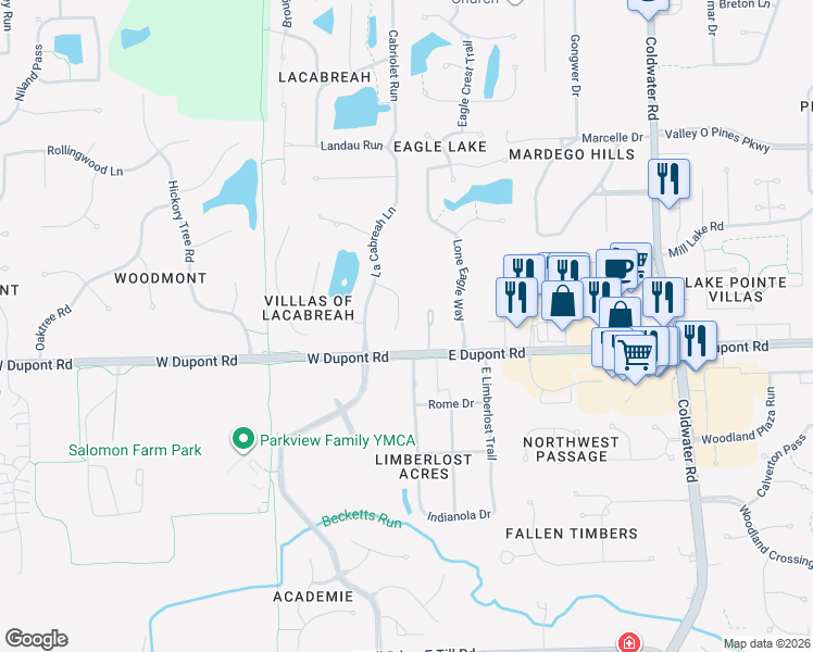 map of restaurants, bars, coffee shops, grocery stores, and more near 110 West Dupont Road in Fort Wayne