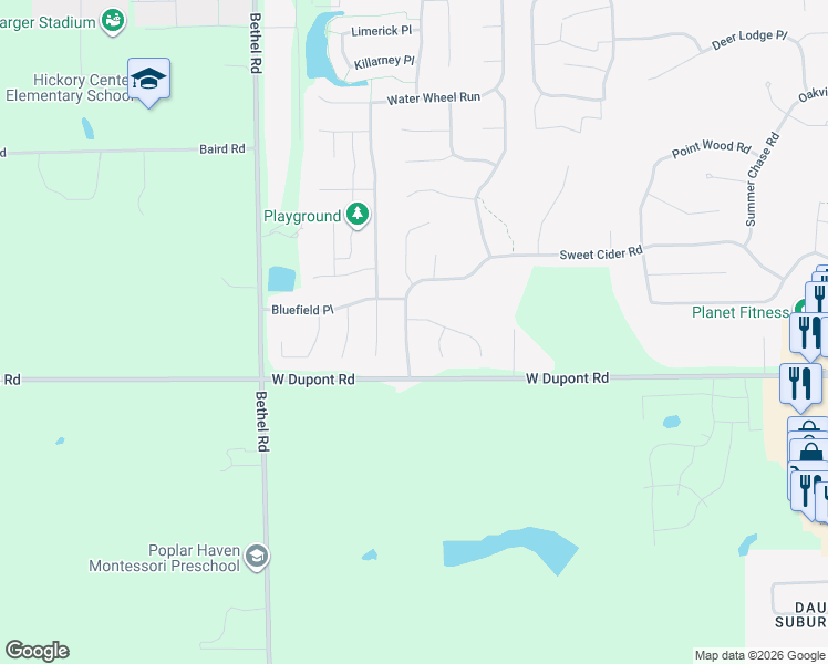map of restaurants, bars, coffee shops, grocery stores, and more near 3024 Shady Hollow Place in Fort Wayne
