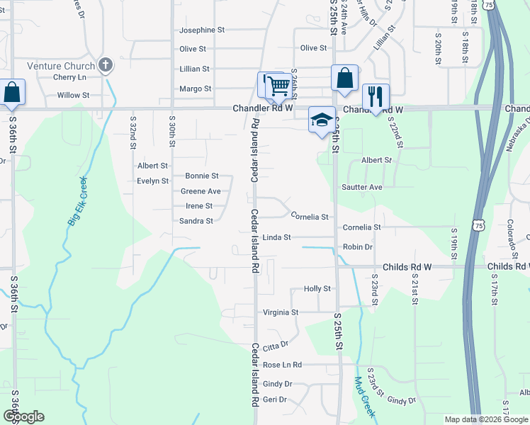 map of restaurants, bars, coffee shops, grocery stores, and more near 2627 Greene Avenue in Omaha