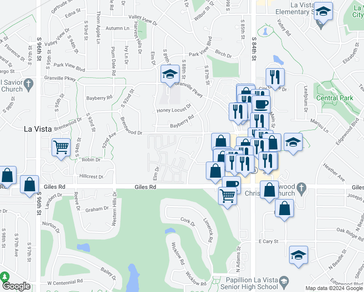 map of restaurants, bars, coffee shops, grocery stores, and more near 27 89th Plaza in La Vista