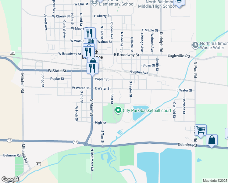 map of restaurants, bars, coffee shops, grocery stores, and more near 205 East Street in North Baltimore