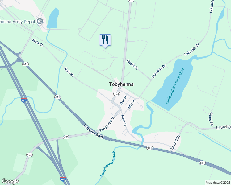map of restaurants, bars, coffee shops, grocery stores, and more near 1605 Church Street in Tobyhanna