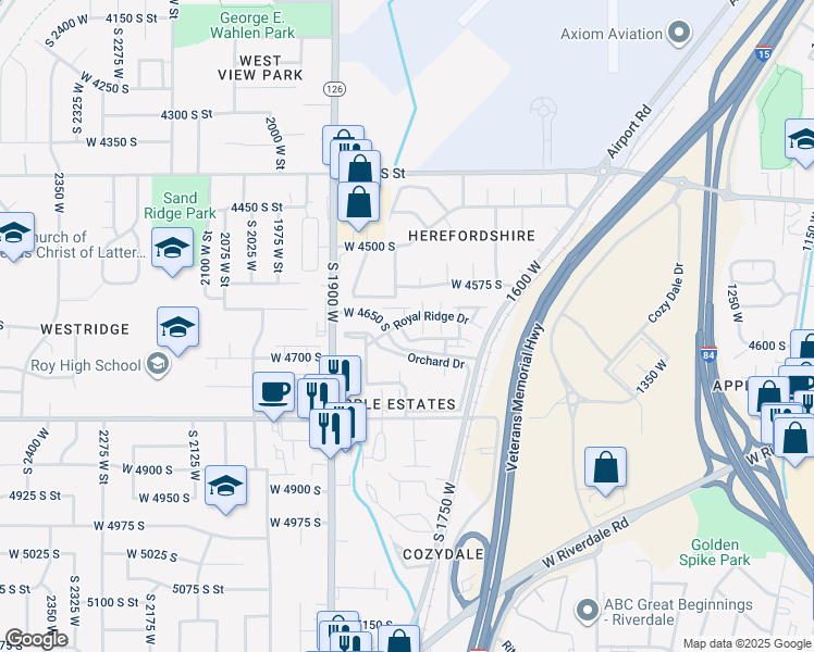 map of restaurants, bars, coffee shops, grocery stores, and more near 4602 Hathaway Drive in Roy