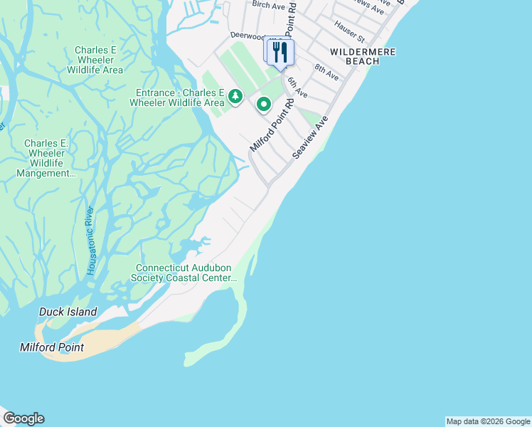 map of restaurants, bars, coffee shops, grocery stores, and more near 117 Milford Point Road in Milford