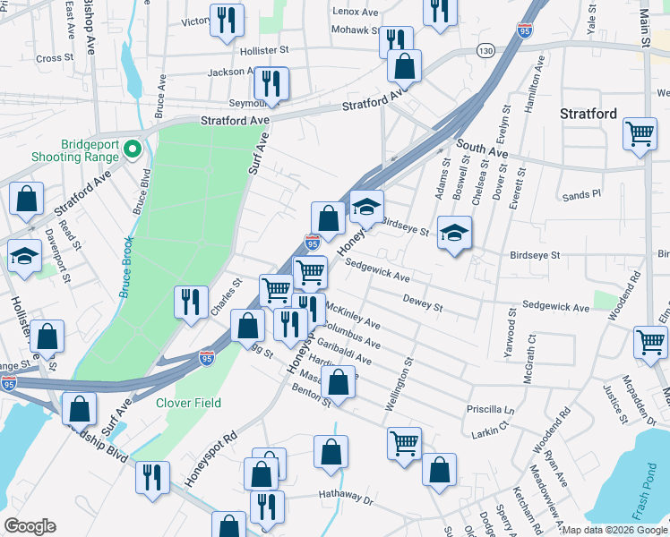 map of restaurants, bars, coffee shops, grocery stores, and more near 452 Honeyspot Road in Stratford