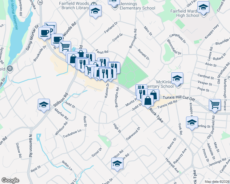 map of restaurants, bars, coffee shops, grocery stores, and more near 1809 Black Rock Turnpike in Fairfield