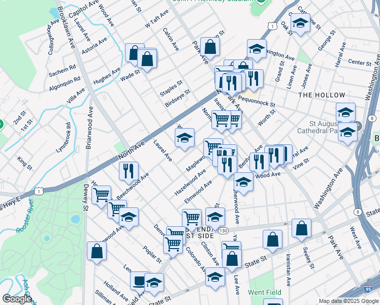map of restaurants, bars, coffee shops, grocery stores, and more near 240 Linwood Avenue in Bridgeport