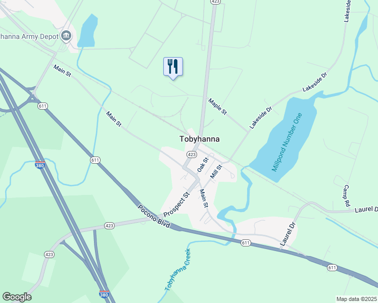 map of restaurants, bars, coffee shops, grocery stores, and more near 1605 Church Street in Tobyhanna