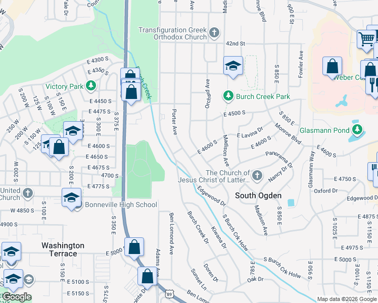 map of restaurants, bars, coffee shops, grocery stores, and more near 4616 Porter Avenue in Ogden