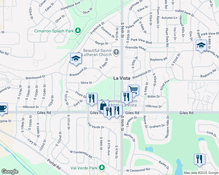 map of restaurants, bars, coffee shops, grocery stores, and more near 8140 South 97th Plaza in La Vista