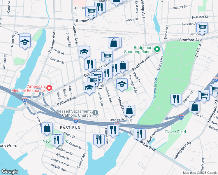 map of restaurants, bars, coffee shops, grocery stores, and more near 1443 Stratford Avenue in Bridgeport