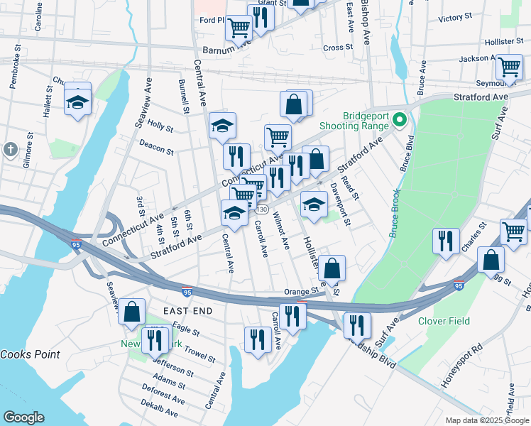 map of restaurants, bars, coffee shops, grocery stores, and more near 1443 Stratford Avenue in Bridgeport