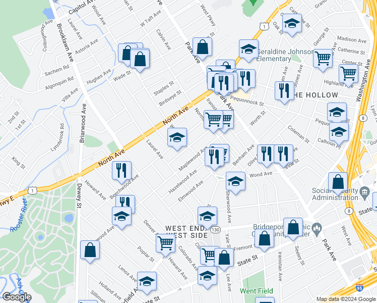 map of restaurants, bars, coffee shops, grocery stores, and more near 510 Wood Avenue in Bridgeport