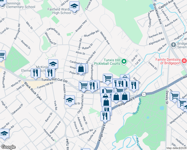 map of restaurants, bars, coffee shops, grocery stores, and more near 312 Marlborough Terrace in Fairfield