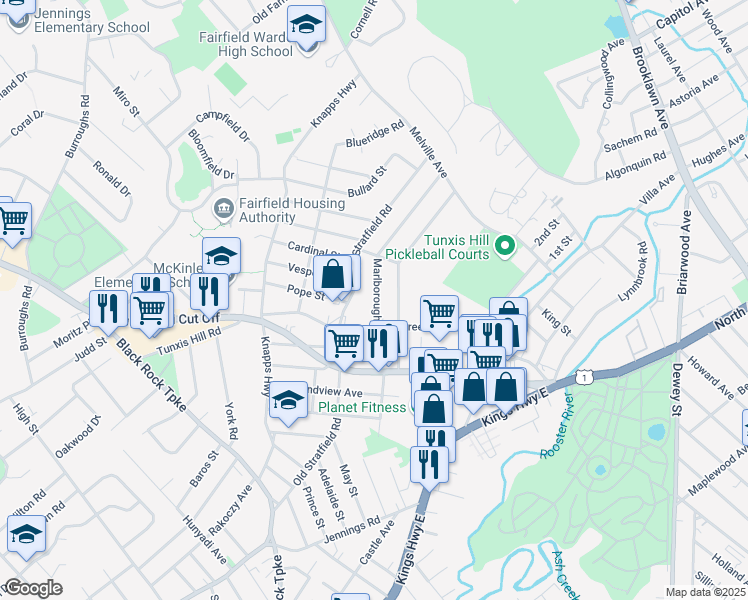 map of restaurants, bars, coffee shops, grocery stores, and more near 312 Marlborough Terrace in Fairfield