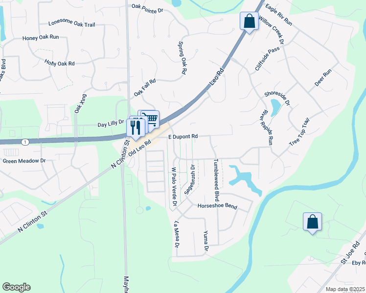map of restaurants, bars, coffee shops, grocery stores, and more near 10329 Deadwood Court in Fort Wayne