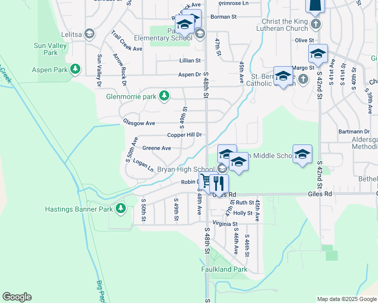 map of restaurants, bars, coffee shops, grocery stores, and more near 8006 South 48th Avenue in Omaha