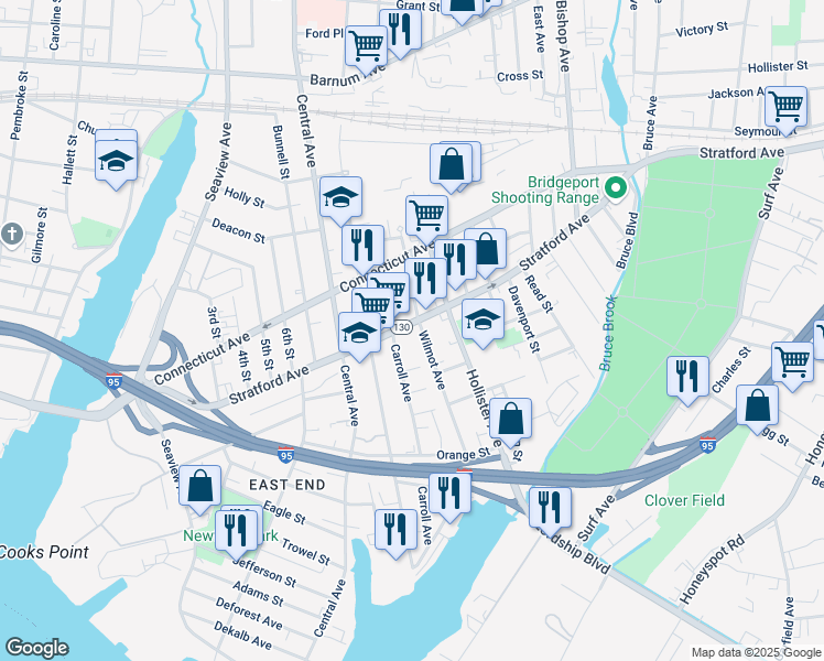 map of restaurants, bars, coffee shops, grocery stores, and more near 1443 Stratford Avenue in Bridgeport