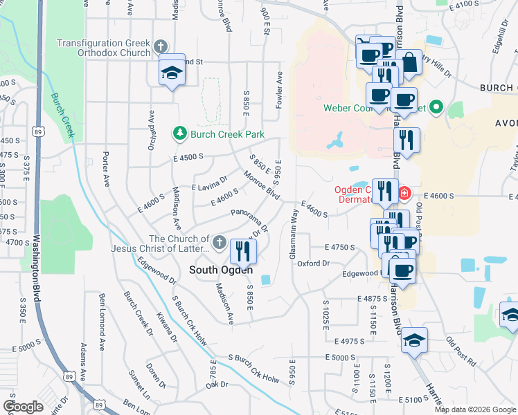 map of restaurants, bars, coffee shops, grocery stores, and more near Vista Drive in South Ogden