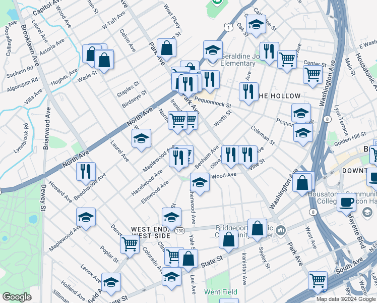 map of restaurants, bars, coffee shops, grocery stores, and more near 799 Norman Street in Bridgeport