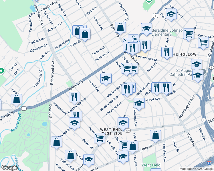map of restaurants, bars, coffee shops, grocery stores, and more near 240 Linwood Avenue in Bridgeport