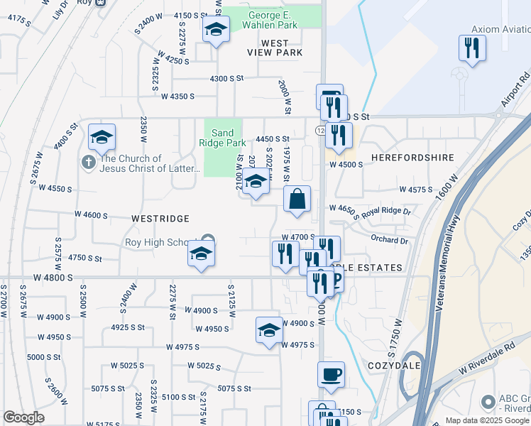 map of restaurants, bars, coffee shops, grocery stores, and more near 2038 4600 South Street in Roy