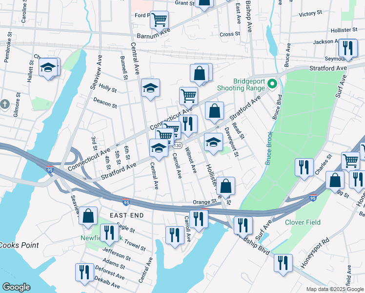 map of restaurants, bars, coffee shops, grocery stores, and more near 1443 Stratford Avenue in Bridgeport