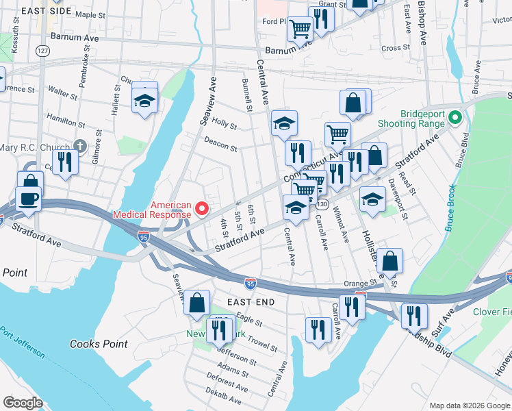 map of restaurants, bars, coffee shops, grocery stores, and more near 542 Connecticut Avenue in Bridgeport