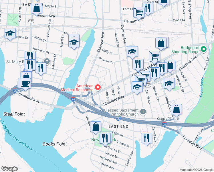 map of restaurants, bars, coffee shops, grocery stores, and more near 155 4th Street in Bridgeport