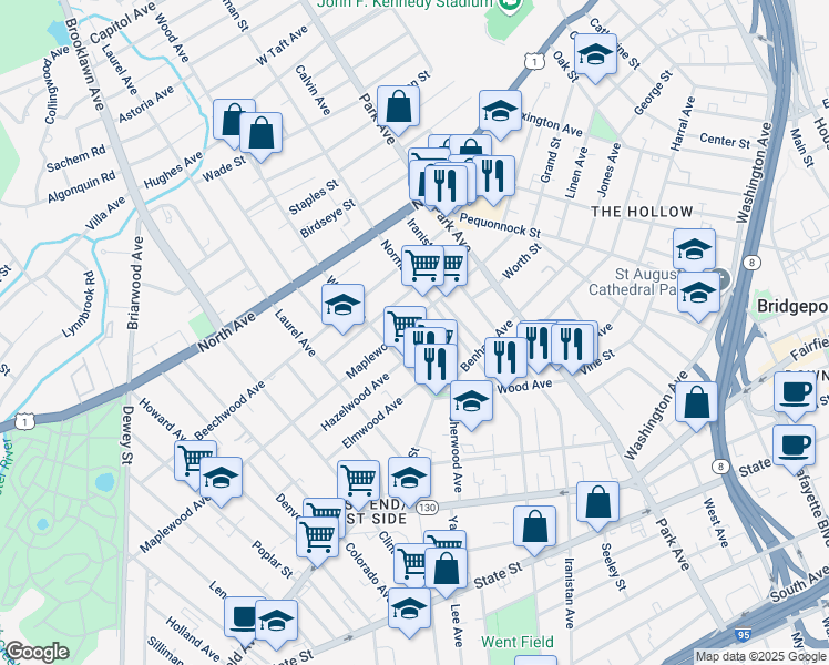 map of restaurants, bars, coffee shops, grocery stores, and more near 308 Maplewood Avenue in Bridgeport