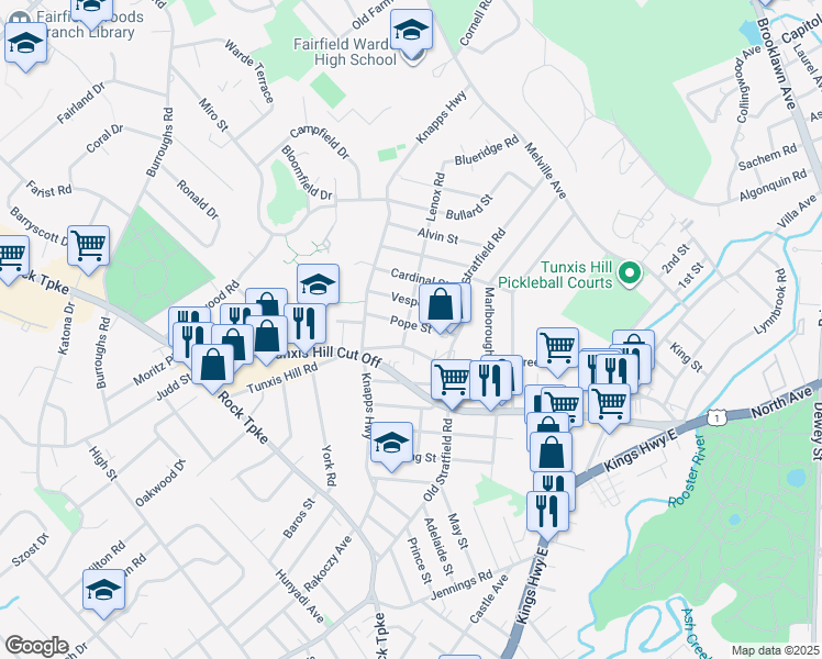 map of restaurants, bars, coffee shops, grocery stores, and more near 114 Pope Street in Fairfield