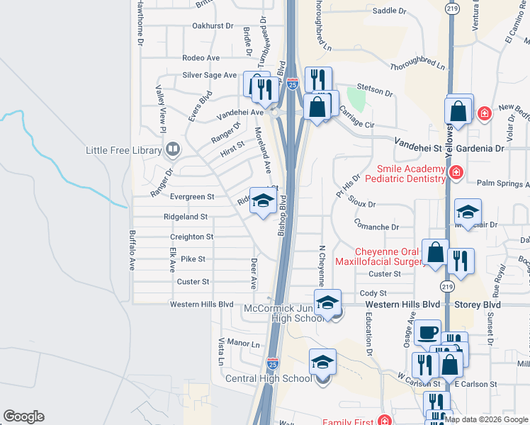 map of restaurants, bars, coffee shops, grocery stores, and more near 616 Creighton Street in Cheyenne