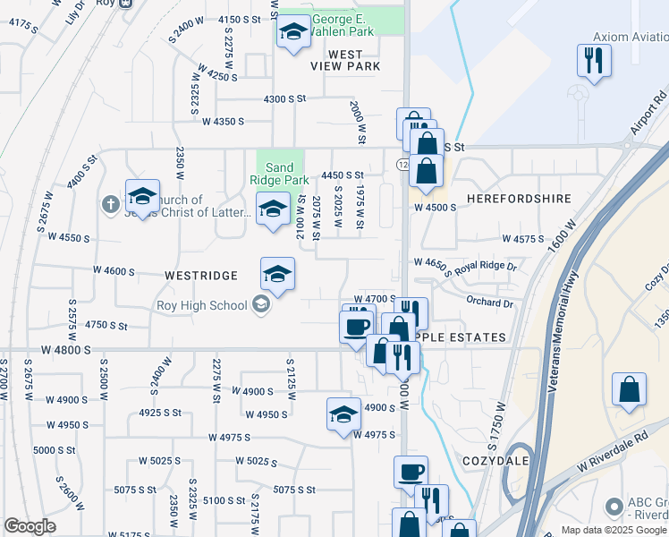 map of restaurants, bars, coffee shops, grocery stores, and more near 2038 4600 South Street in Roy
