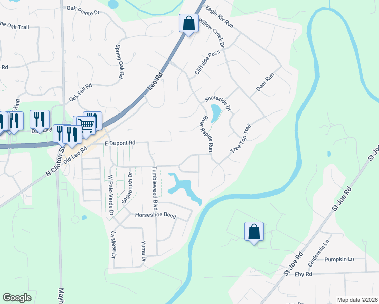 map of restaurants, bars, coffee shops, grocery stores, and more near 6111 Arapaho Trail in Fort Wayne