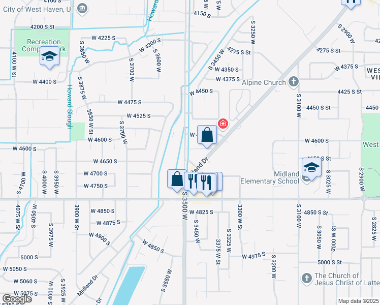 map of restaurants, bars, coffee shops, grocery stores, and more near 4607 Midland Drive in West Haven