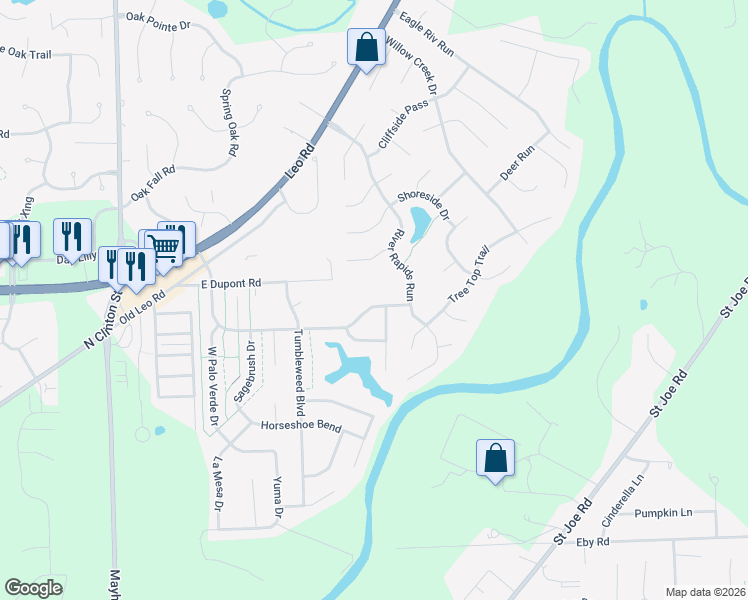 map of restaurants, bars, coffee shops, grocery stores, and more near 6111 Arapaho Trail in Fort Wayne