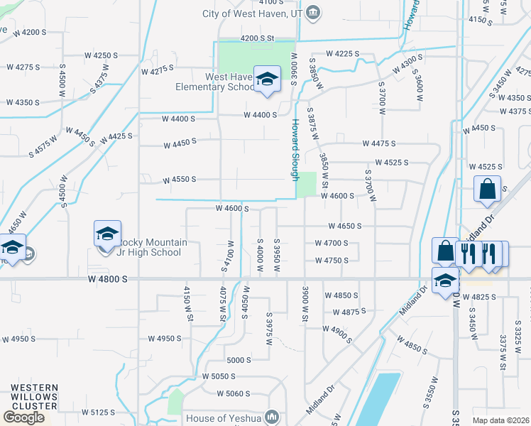 map of restaurants, bars, coffee shops, grocery stores, and more near 3954 West 4600 South in Roy