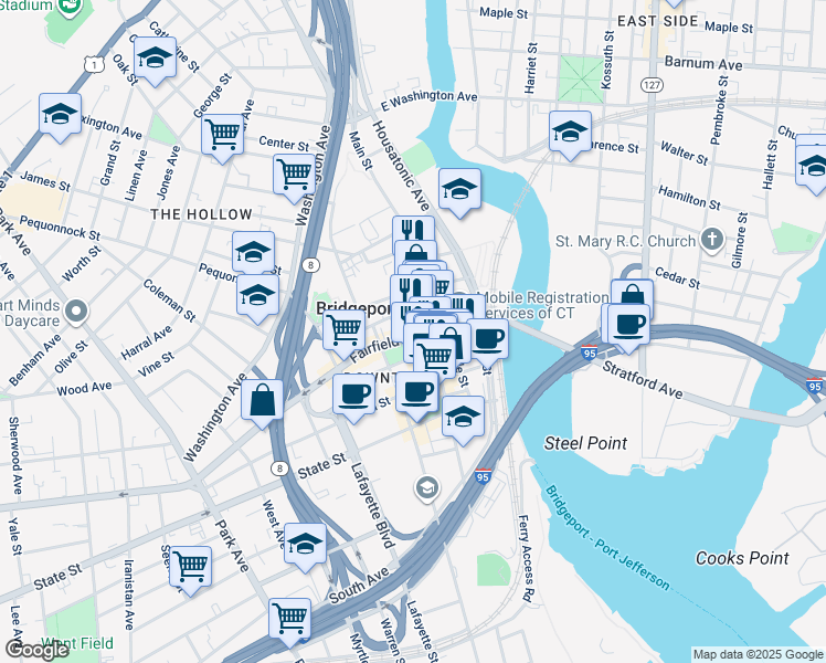map of restaurants, bars, coffee shops, grocery stores, and more near 140 Fairfield Avenue in Bridgeport